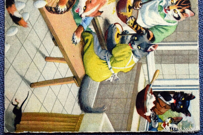 Régi retro humoros grafikus képeslap cica  család a konyhában