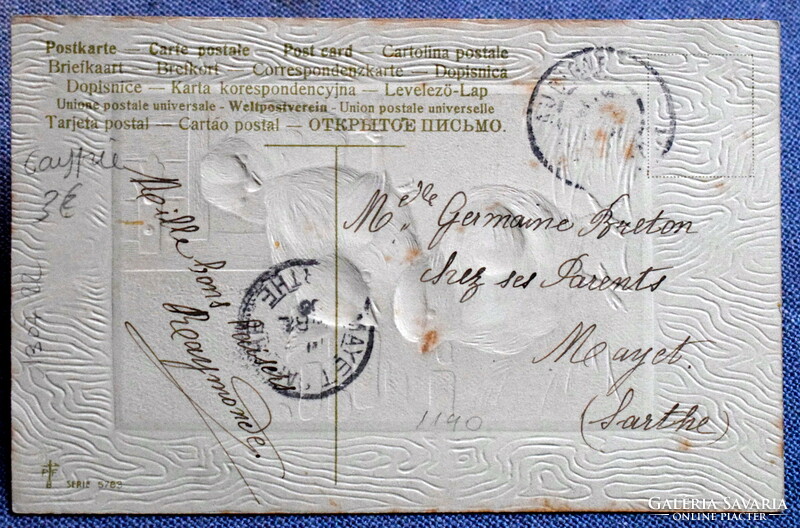 Antik dombornyomott Húsvéti üdvözlő képeslap - csibék   1906ból