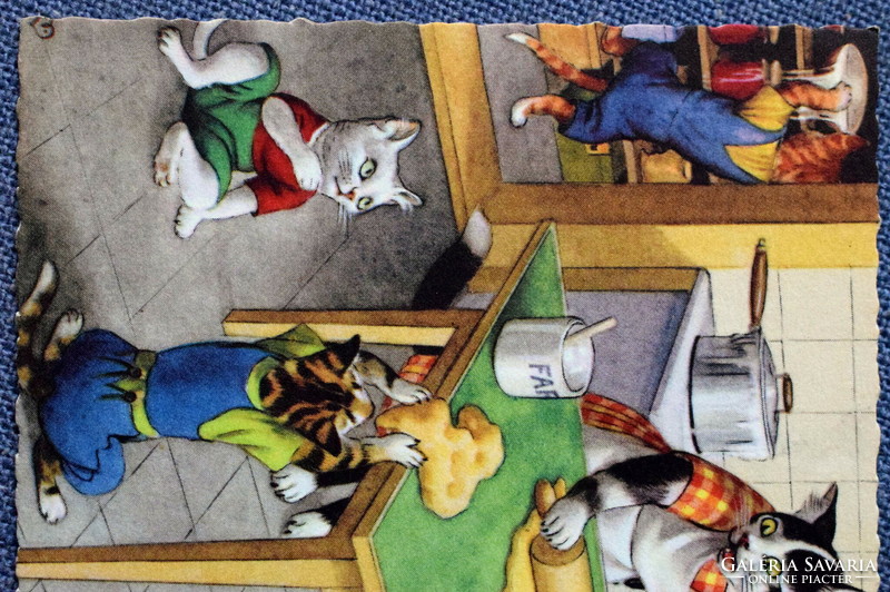 Régi retro humoros grafikus képeslap cica  család  - konyha , süteménysütés