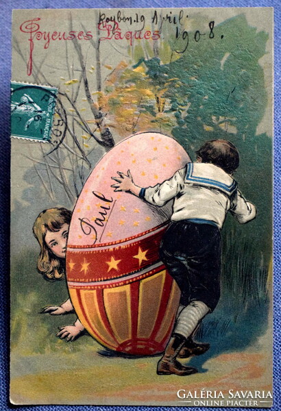 Antik dombornyomott Húsvéti üdvözlő képeslap  1908ból