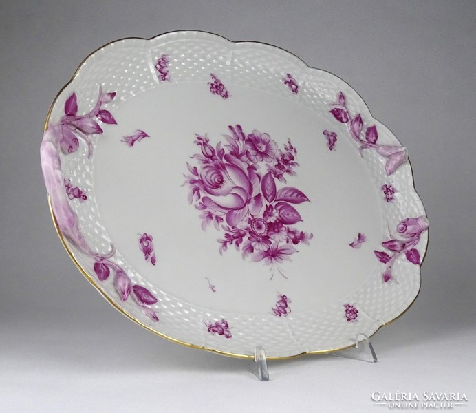 1Q484 Régi rózsaszín virág mintás sérült Herendi porcelán kínáló tál tálca 25 x 32 cm