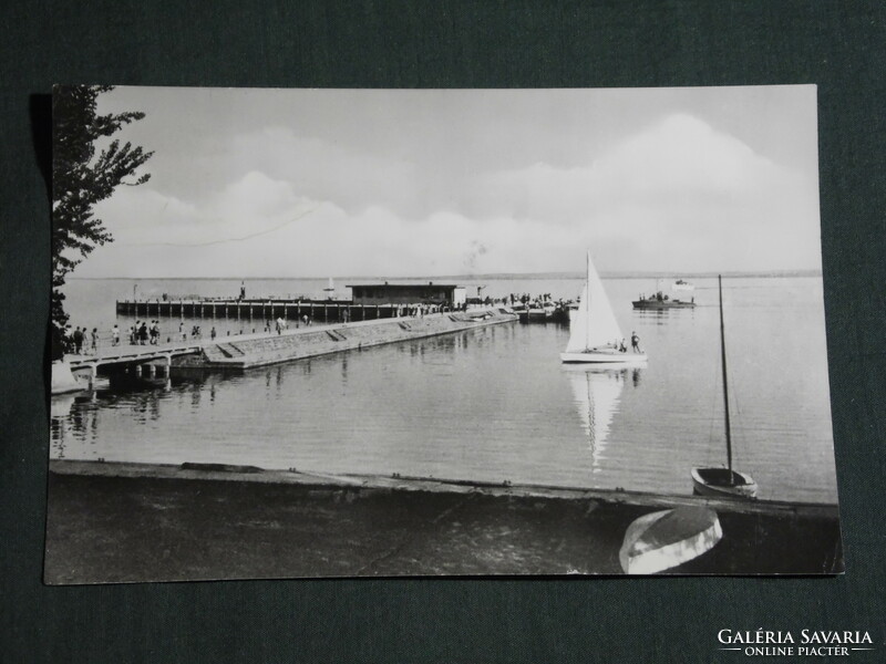 Postcard, Balatonfüred, port, pier, boat station skyline detail