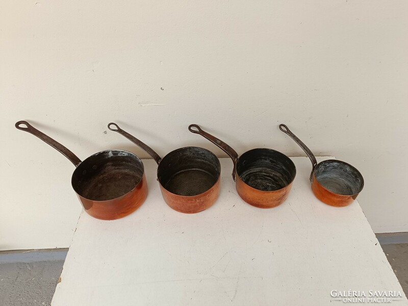 Antique kitchen tool with traces of tin plating, red copper pot, iron handle, set of 4 pieces 228
