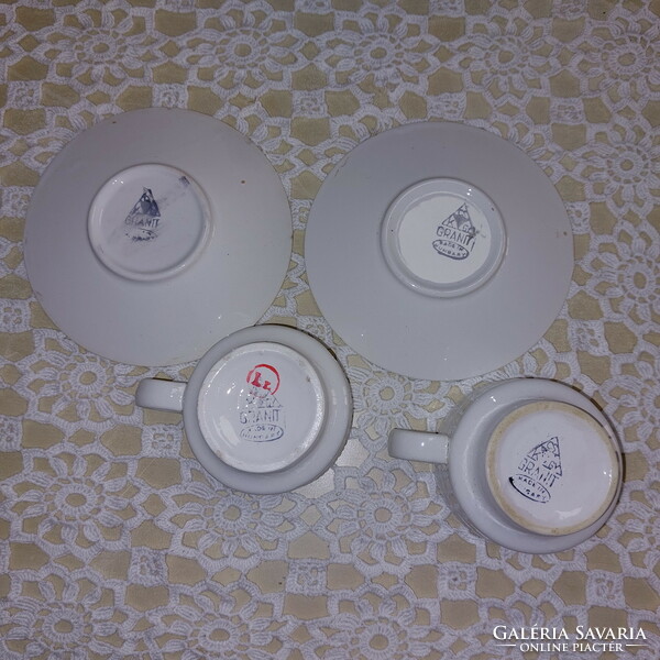 2 white coffee cups with granite markings + 2 plates