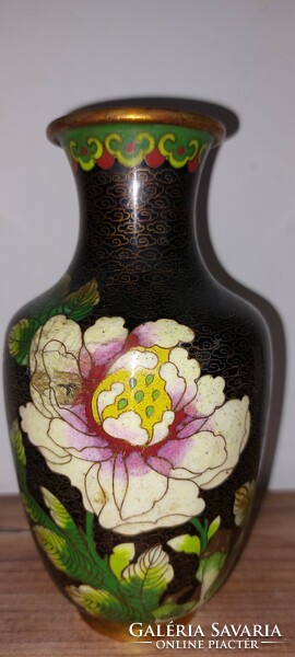 Antik , vintage Cloisonné rekeszzománc, tűzzománc  kinai váza virágos dekorral