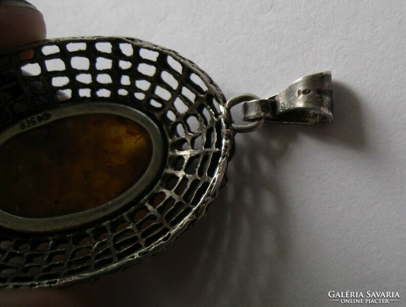 Large fischland amber design silver pendant