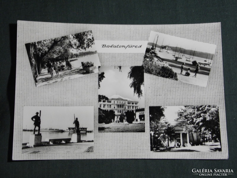 Postcard, Balaton Spa, mosaic details, heart sanatorium, beach promenade, circular church, fisherman fisherman