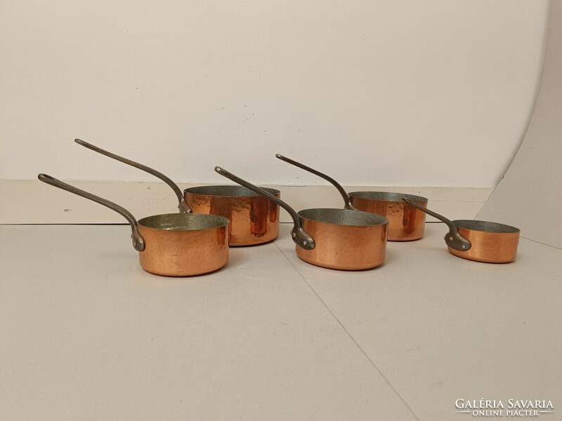 Antique kitchen tool with traces of tin plating, red copper pot, iron handle, set of 5 pieces 235