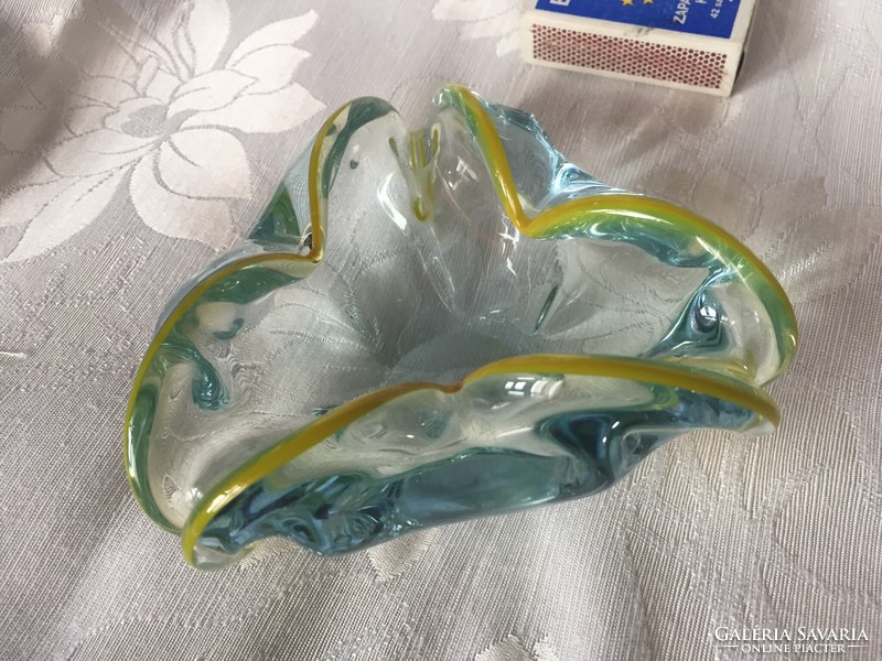 Special, aqua blue colored, ruffled edge artistic glass ashtray, bonbon holder, bowl - thick glass