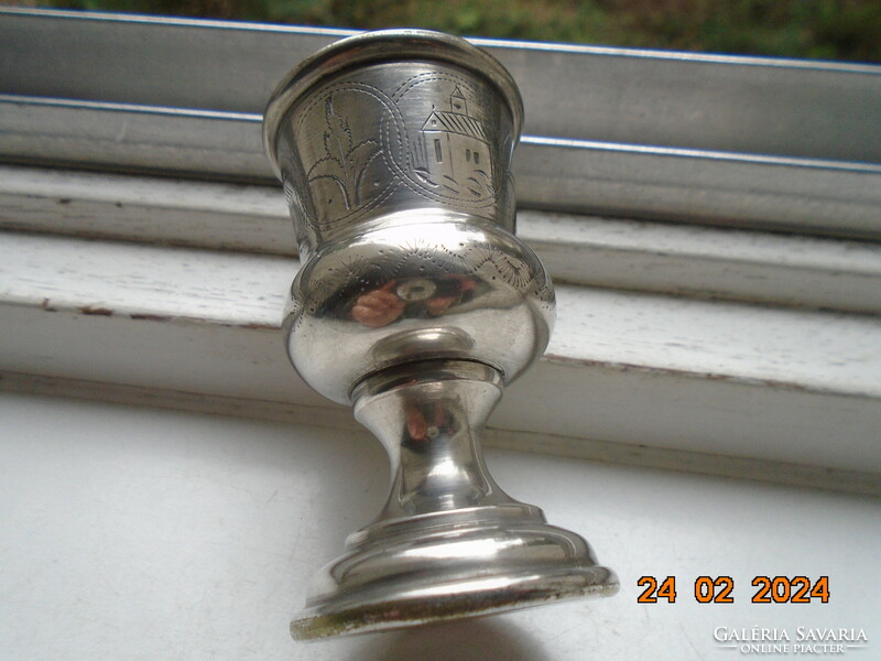 Czarist Russian Judaica kiddush tumbler with engraved church and leaf designs with gold monogram