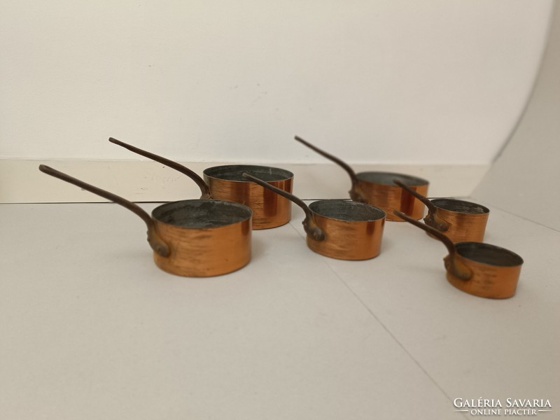 Antique kitchen tool with traces of tin plating, red copper pot with iron handle, set of 6 pieces 236