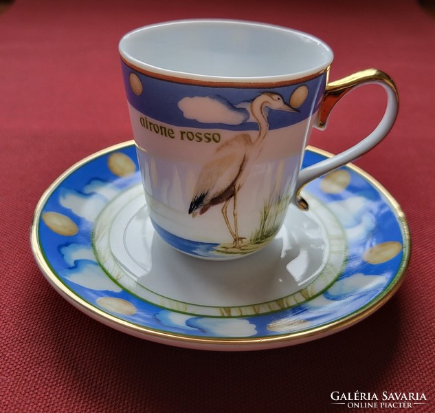 Lg French porcelain coffee set cup saucer plate airone rosso with red egret bird pattern