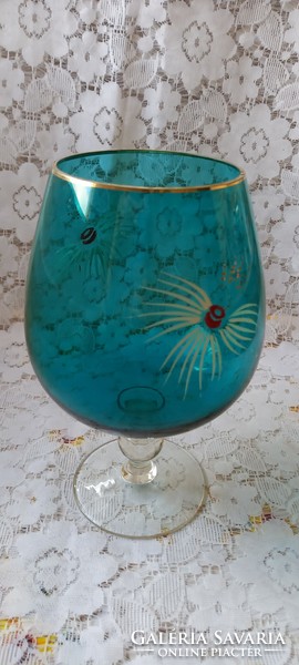 Türkiz színű nagy méretű talpas üveg pohár, kehely