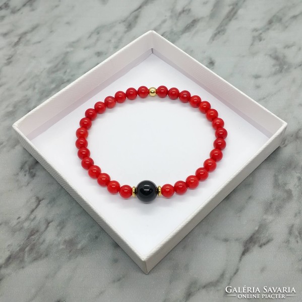 Coral and onyx mineral bracelet with stainless steel spacer