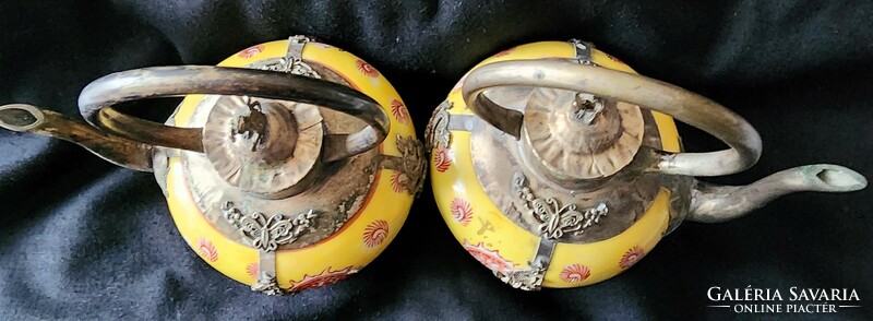 Very Old Chinese China Tea Teapot Paired Ceramic Silver Plated Metal Monkey + Dragon Figural Ornament