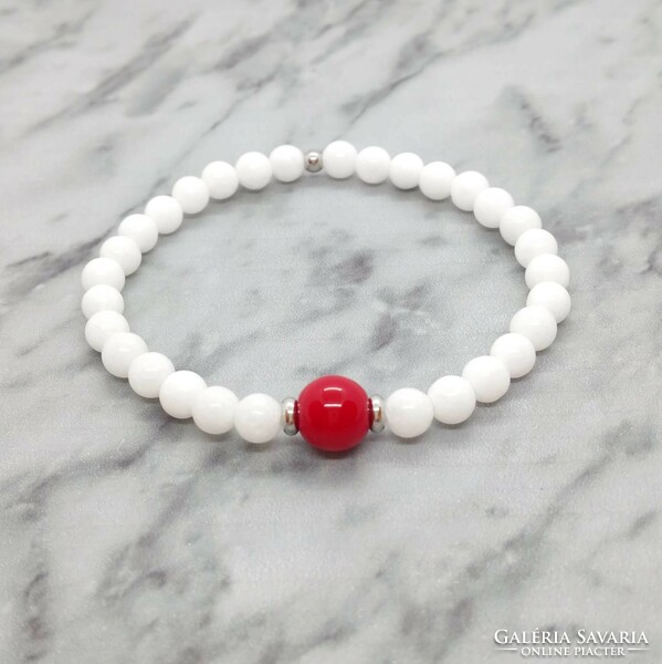 Jade and coral mineral bracelet with stainless steel spacer