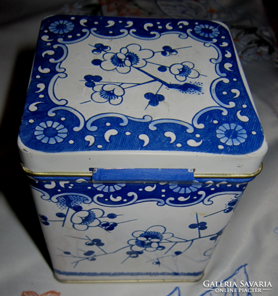 English metal tin box with blue flower pattern
