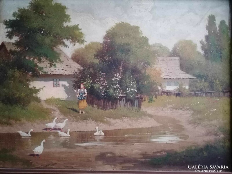 Béla Barsi's painting. Goose feeding