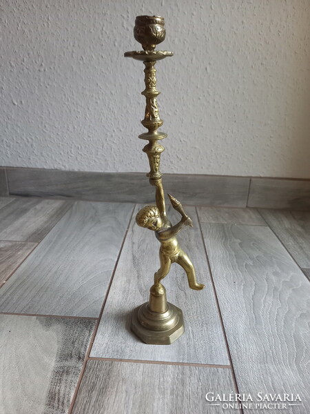 Wonderful antique copper putto candle holder (33x8.5x7 cm)