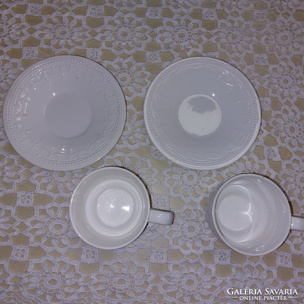 2 white coffee cups with granite markings + 2 plates