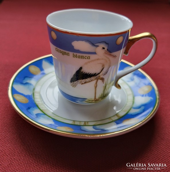 Lg French porcelain coffee set cup saucer plate cicogna bianca white stork with bird pattern