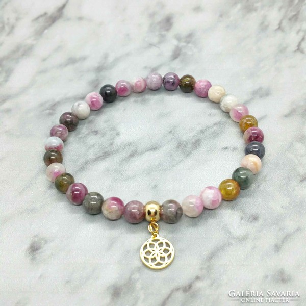 Colored tourmaline mineral bracelet with stainless steel spacer