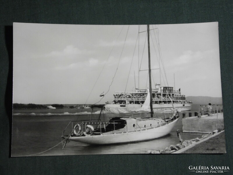 Postcard, balaton doll, pier, harbor detail, pleasure boat, sailing skyline