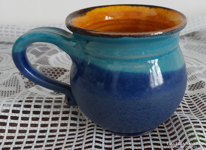 Alternation of retro blue colors, matte and glossy, rough and smooth belly glazed ceramic mug, spout - 1/2 l