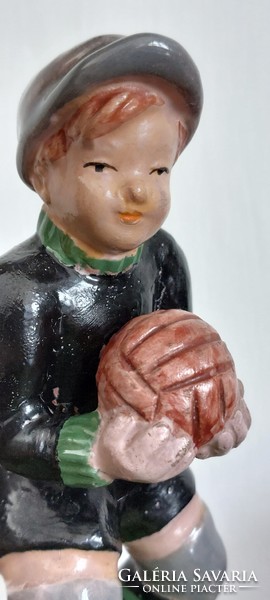 Retro applied art Izsépy glazed ceramic soccer goalkeeper figure - 16 cm high