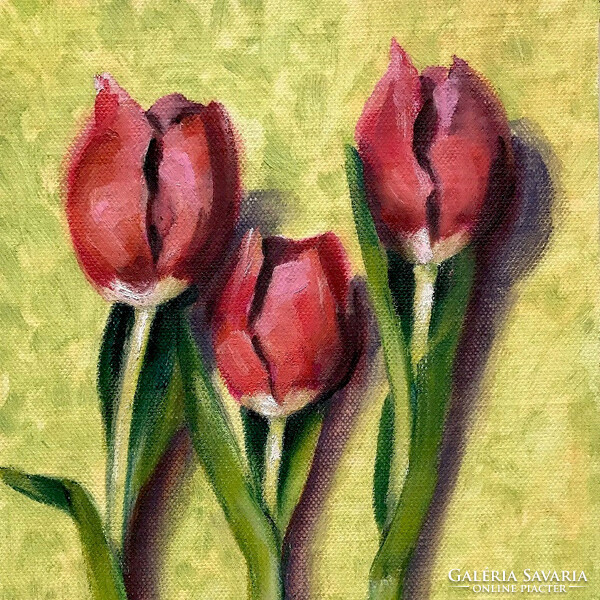 Three bunches of tulips - framed oil painting - 30 x 20 cm
