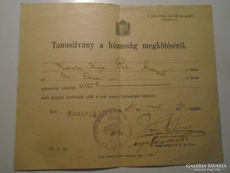 Za490.32 - Marriage certificate of László Kubala's parents 1925 Budapest Kubala Kurjás Pál