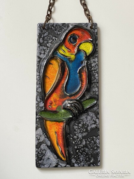Colorful large ceramic parrot bird wall picture wall decoration with chain 45 x 19 cm