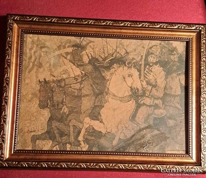 Mihály Gácsi. Antique picture battle scene. Size: 26x35 cm. With glazed frame.