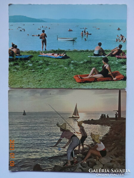 2 old postcards together: Balaton beach, beachgoers, fishermen
