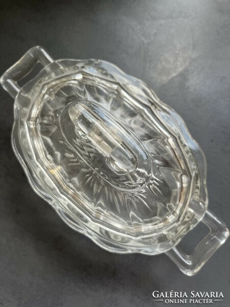 Wonderful old, larger transparent, pressed glass sugar container, bonbonnier