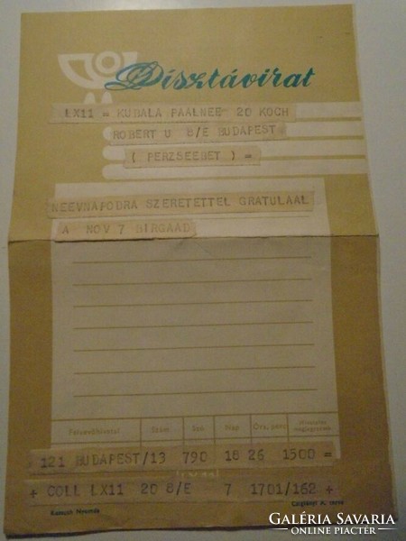 Za492.17 - Gift telegram sent to László Kubala's mother 1960's Budapest - Pálné Kubala Kurjás - Monori