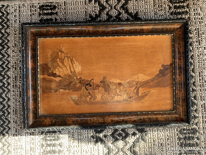 An old marquetry picture in a wonderful period frame, perhaps the work of industrial artist Lajos Bezdán