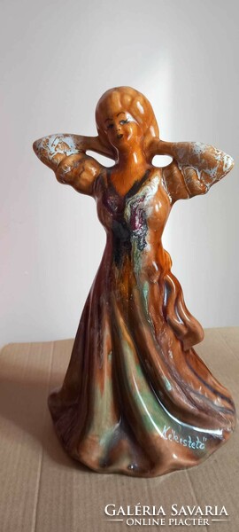 Vintage ceramic dancing lady figurine with bluish inscription