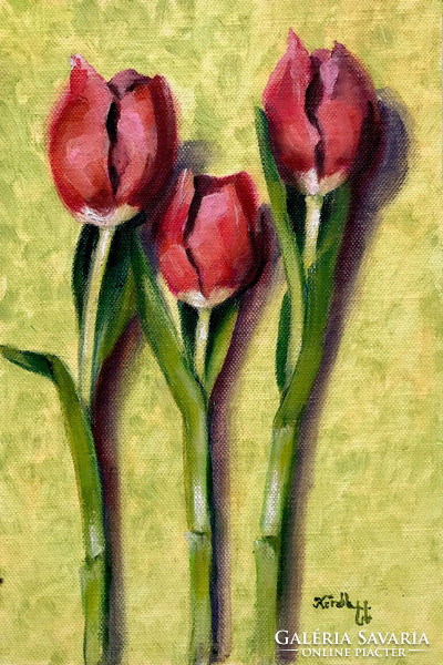 Három szál tulipán - keretezett olajfestmény - 30 x 20 cm