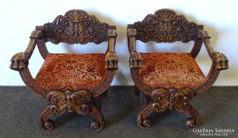 1Q581 antique renaissance carved Venetian chair pair of faun head decorated throne chairs