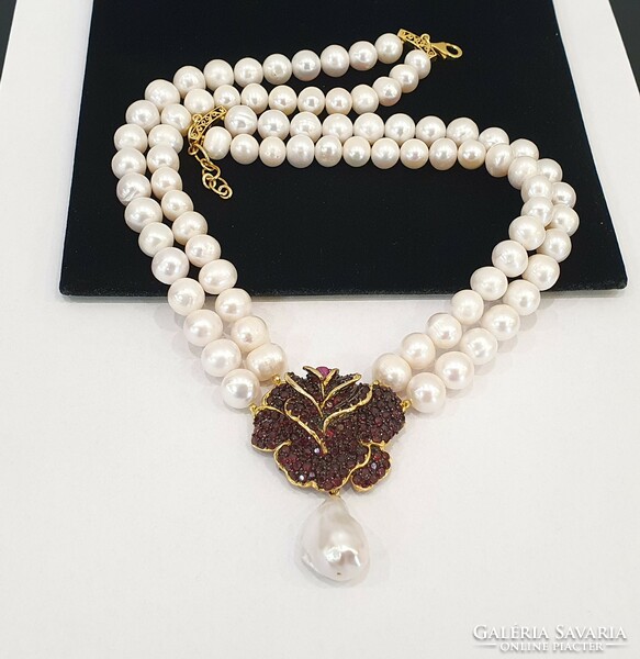 925 Silver 14kt gold-plated true pearl necklace with garnet and ruby gemstone