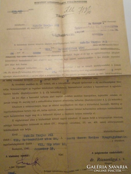 ZA490.41  - Kubala László szüleinek egyik irata 1940 Kubala Kurjás Pál-Budapest. szf. Poilgármestere