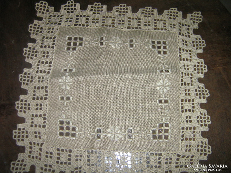 Beautiful woven azure embroidered tablecloth with crocheted edges