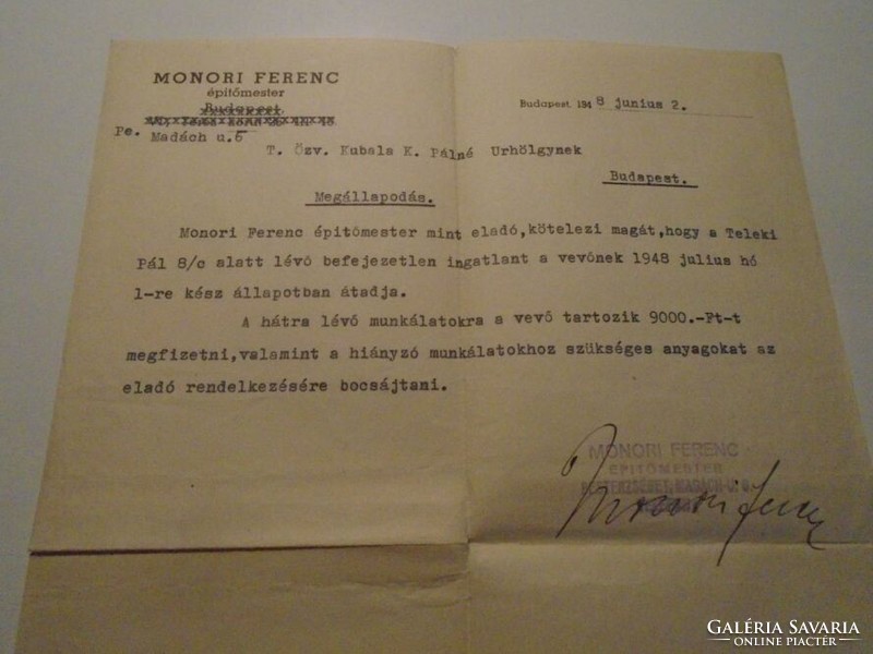 ZA492.16- Kubala László anyjának címzett megállapodás  1948 Budapest - Kubala Kurjás Pálné - Monori