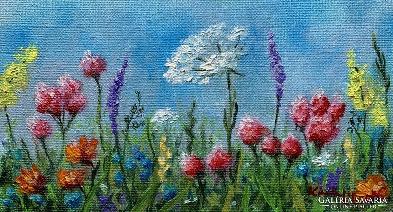 Wild flowers - small oil painting - 11 x 20 cm