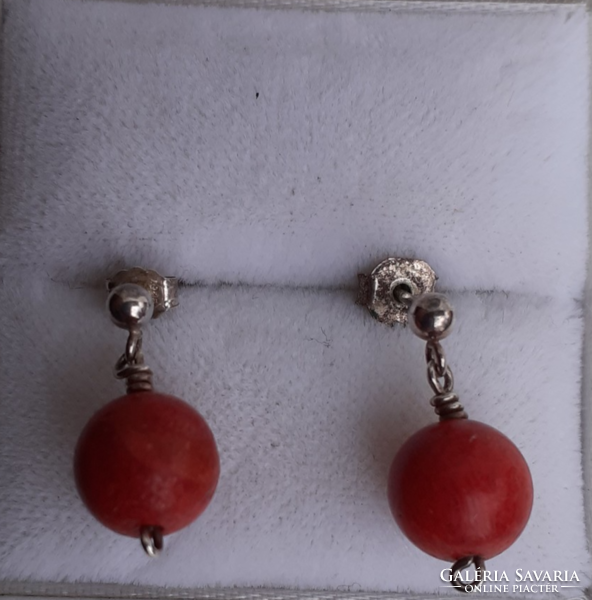 Hallmarked 925 Sterling Silver Stud Earrings Wire Coral Spherical Dangle Stone Encrusted Encrusted With Stone