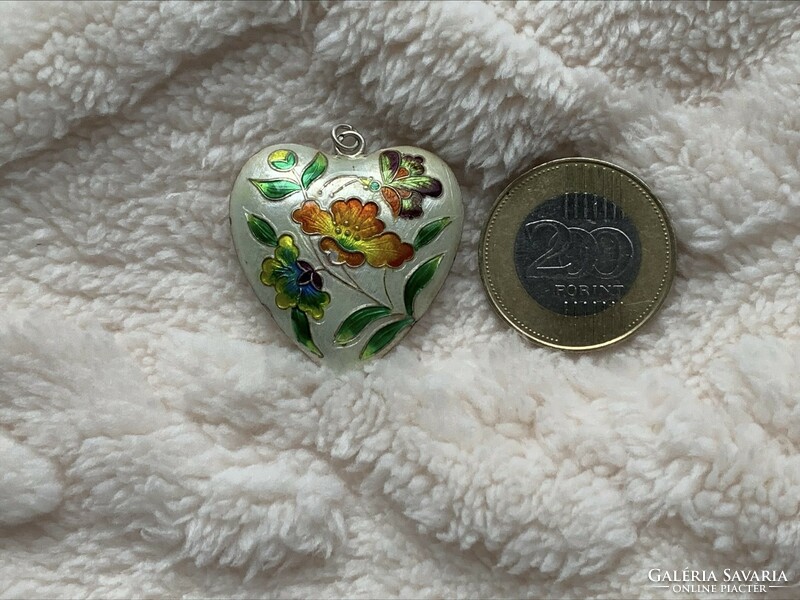 Vintage silver fire enamel heart-shaped pendant with beautiful colors, rare