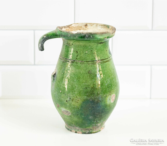 Old ceramic silke with green glaze - damaged jar, pitcher, jug, folk art