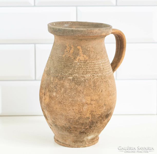 Old ceramic stele with white stripes - jug, pitcher, cudgel, folk art