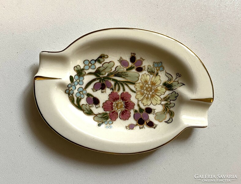 Painted Zsolnay porcelain floral ornament ashtray 12 x 8.5 Cm